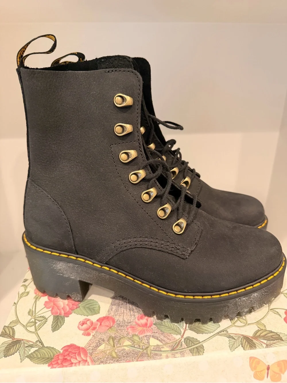 Dr. Martens Black Lace-Up Platform Ankle Boots with Yellow Stitching